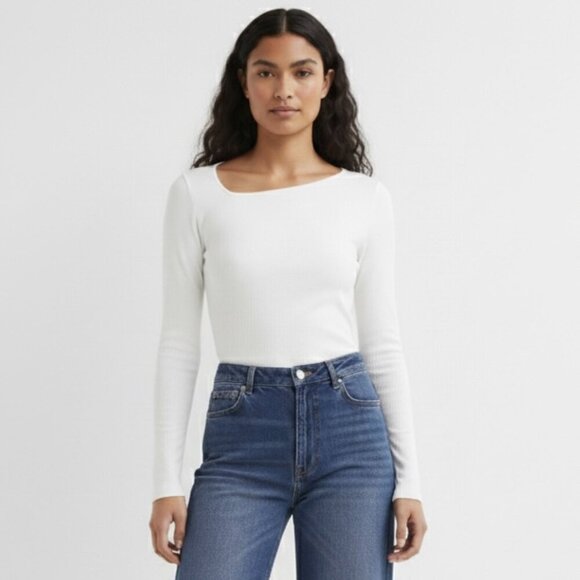 White Asymmetric Neckline One-Shoulder Long Sleeve Jersey Top - M - Picture 1 of 13